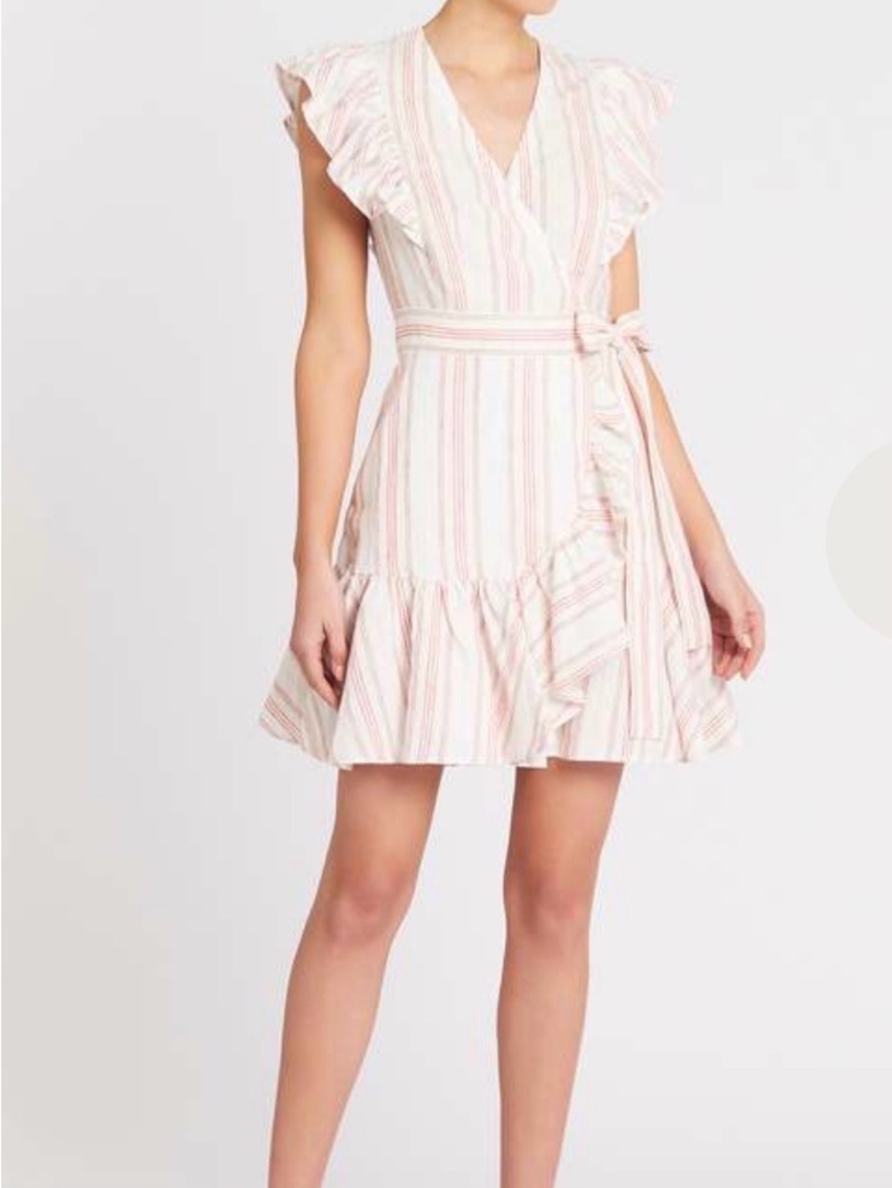 Rebecca Taylor Yarn Dyed Linen Stripe Wrap Dress Ruffle V-Neck Flutter Sleeves 4